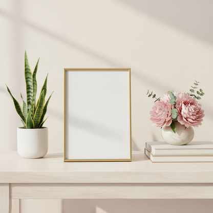 Gold-tone picture frame with blank insert on a cream console with plant, books, and blush flowers