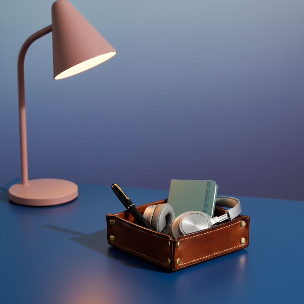 Leather valet tray organizing a colorful desk