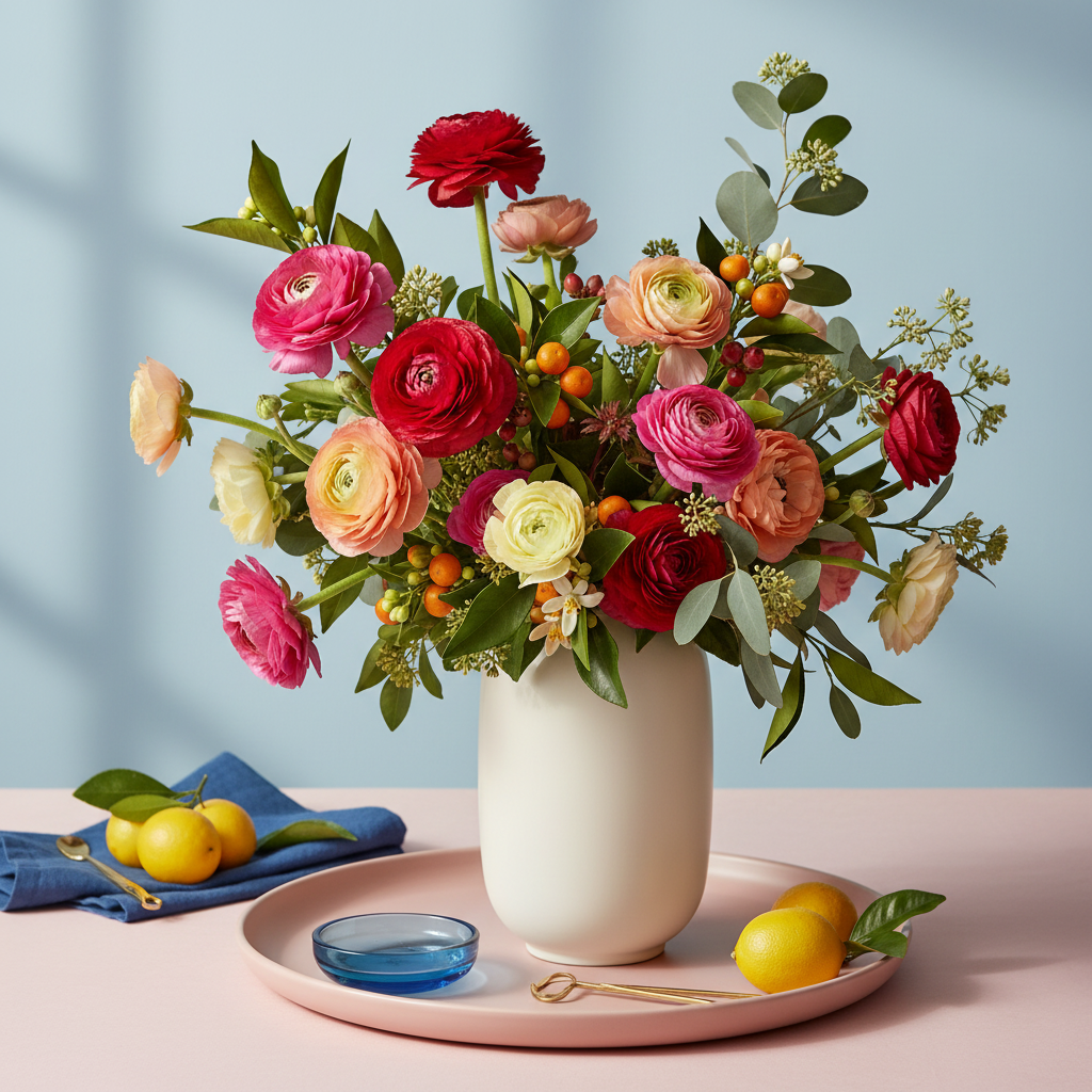 Cream-white gold-rim ceramic vase filled with colorful flowers on a blush surface