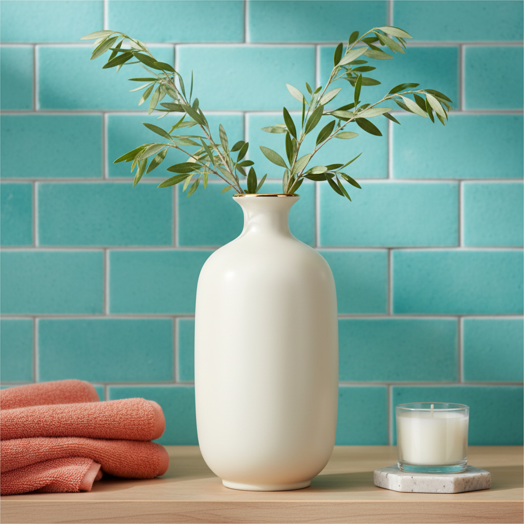 Cream-white gold-rim ceramic vase with green branches in a colorful bathroom setting