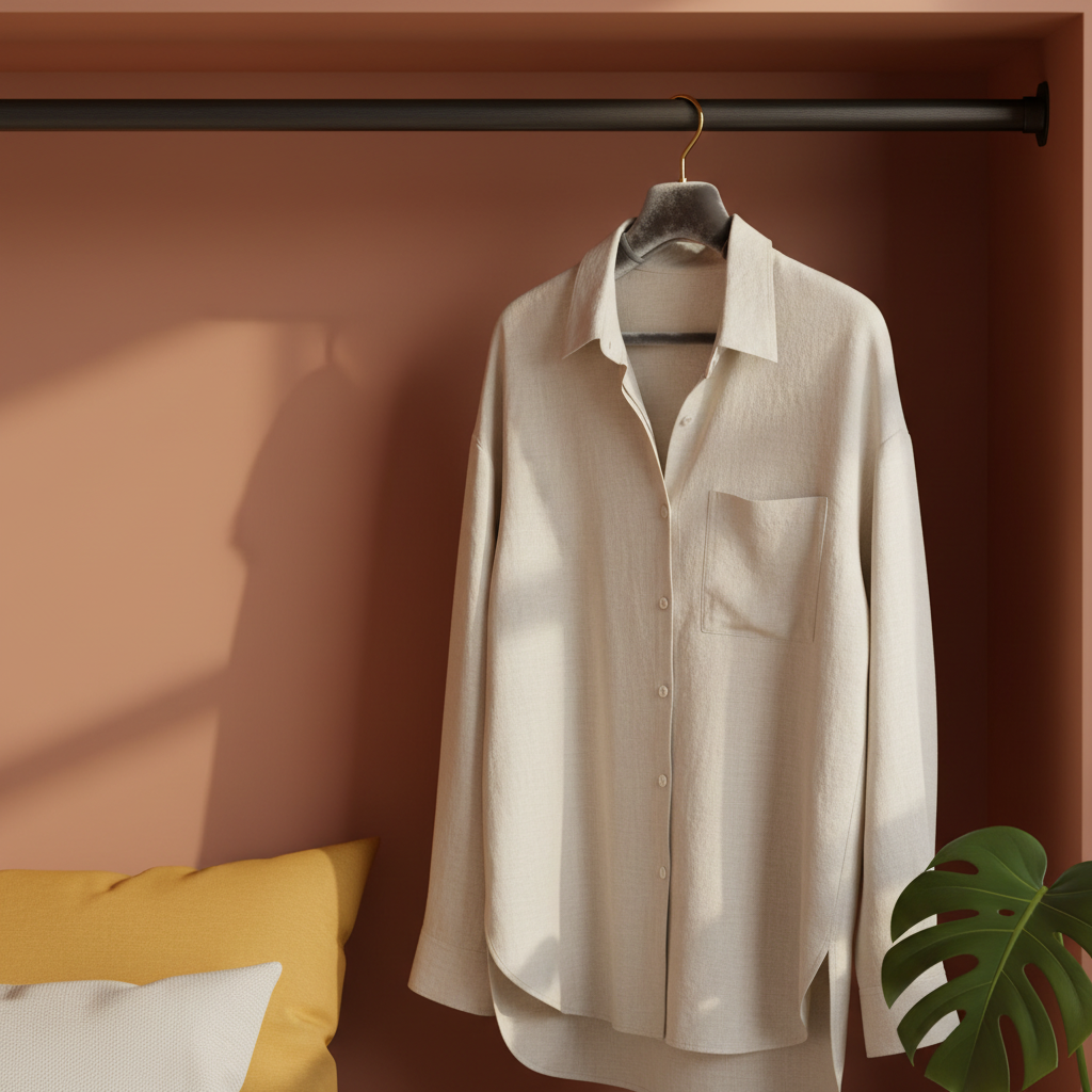 Dual-tone velvet clothes hanger holding a cream shirt on a matte black rail in a colorful bedroom