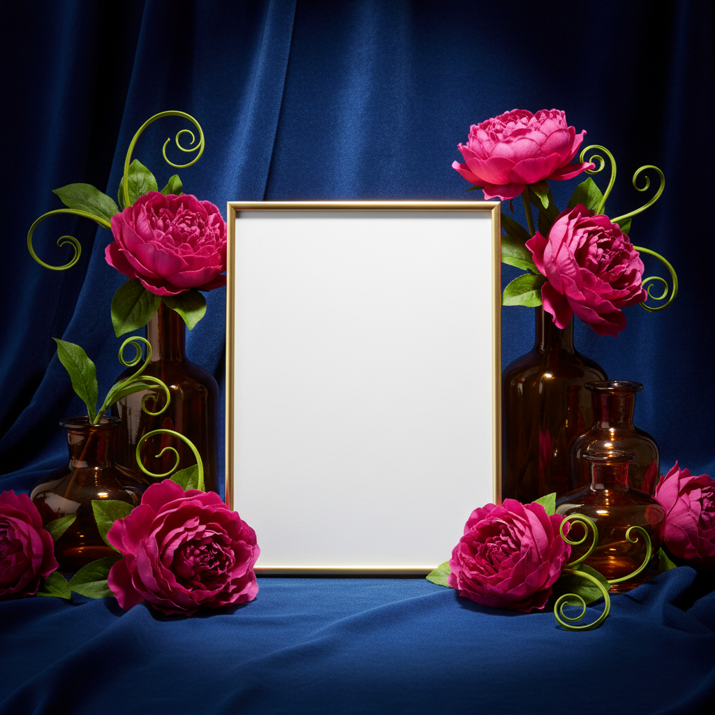 Gold-tone picture frame with blank insert styled with magenta flowers, lime leaves, amber glass, and sapphire accents