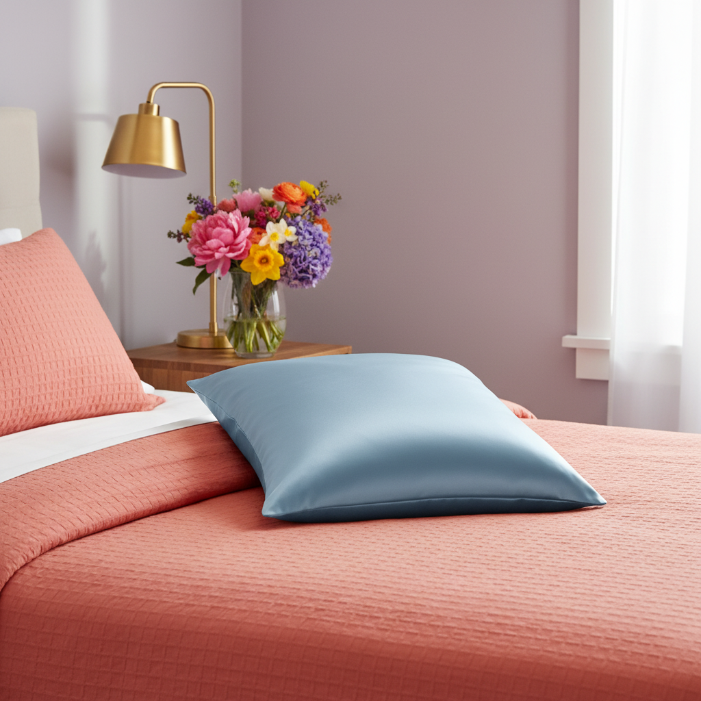 Icy blue satin pillowcase in colorful bedroom