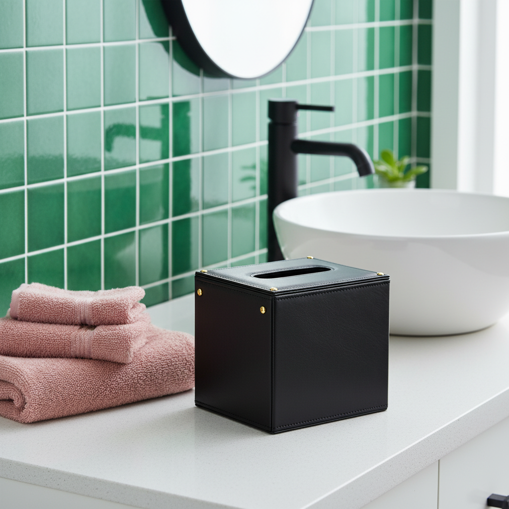 Black leather tissue cover in colorful bathroom