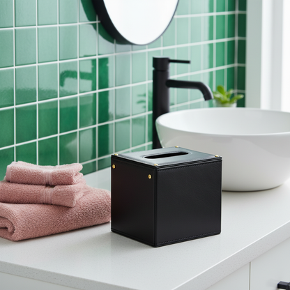 Black leather tissue cover in colorful bathroom