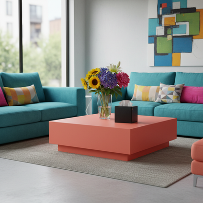 Black leather tissue cover in colorful living room
