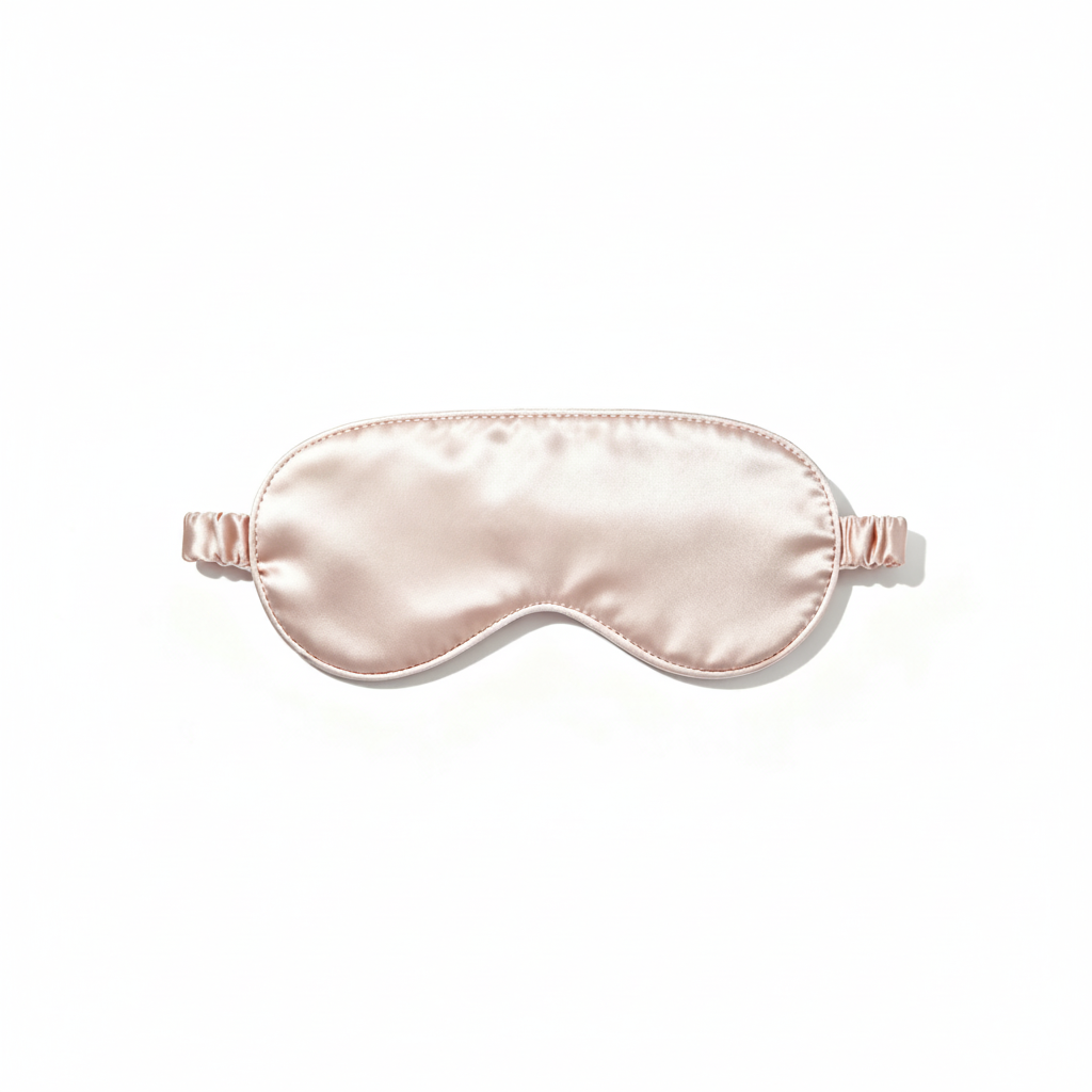 Blush-pink satin sleep mask with a softly padded curved shape on a white background