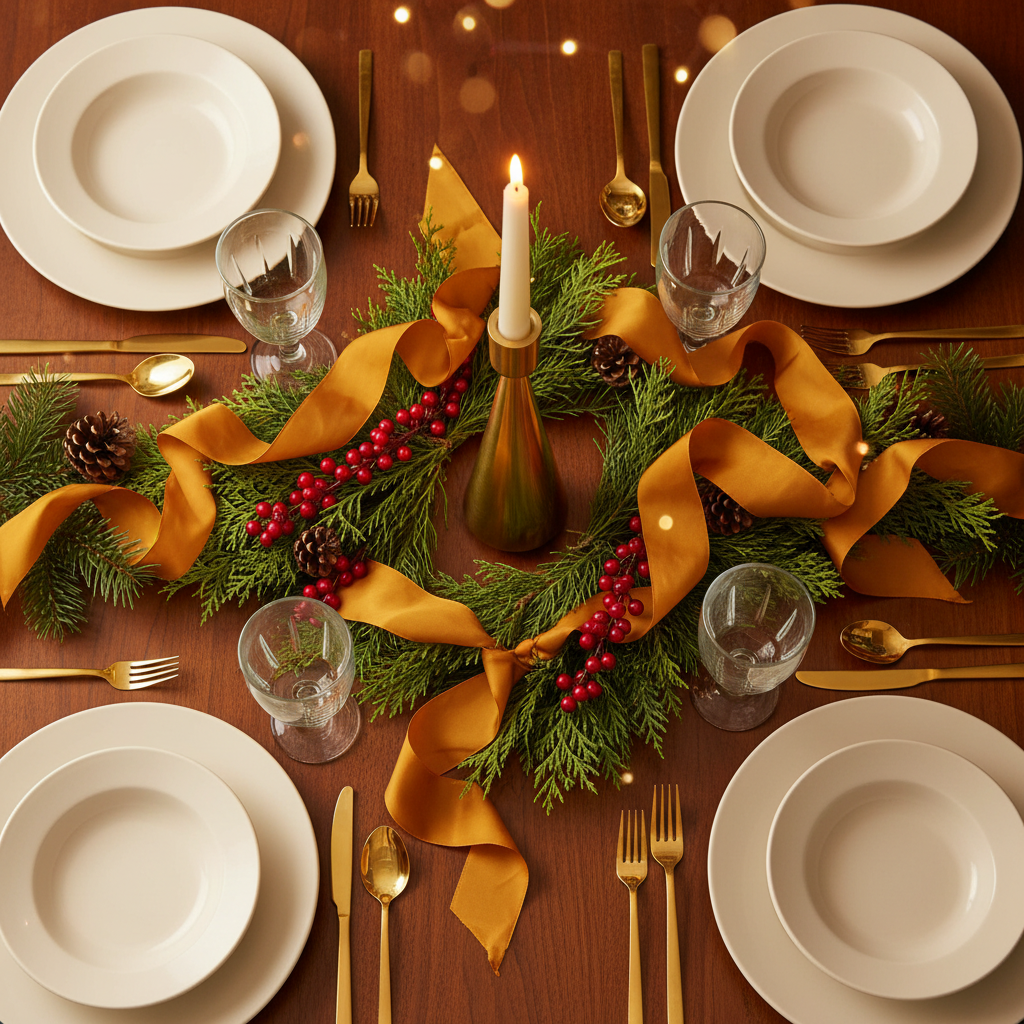 Gold-tone tapered candle holder styled with evergreen branches, ruby berries, and cream tableware