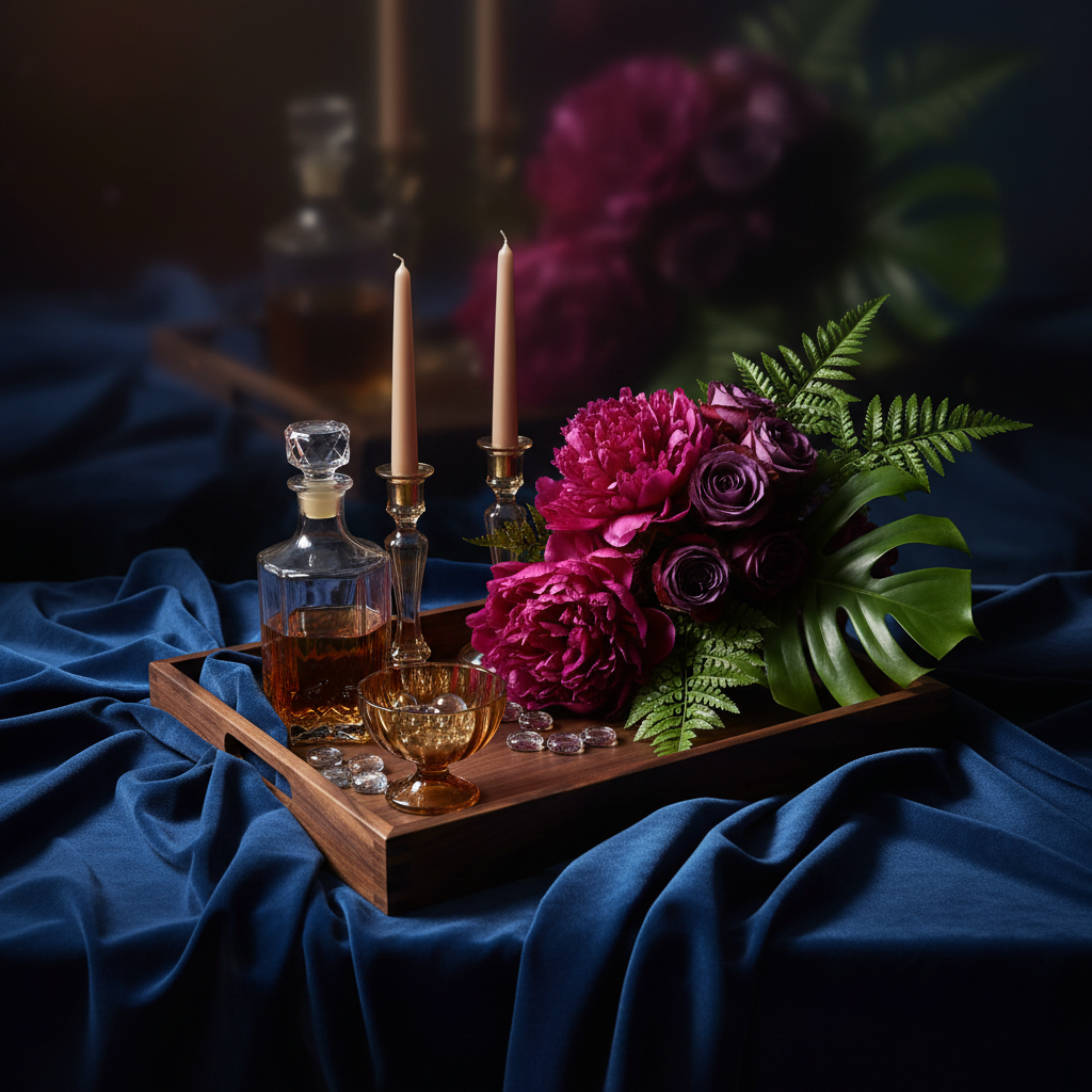 Dark walnut wooden serving tray styled with amber glass, candles, sapphire textiles, and magenta flowers