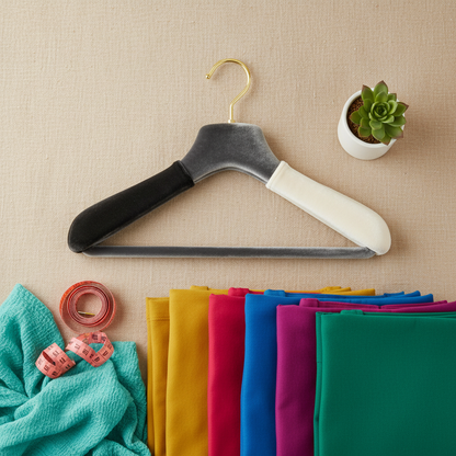 Dual-tone velvet clothes hanger styled with colorful folded clothing and wardrobe accessories