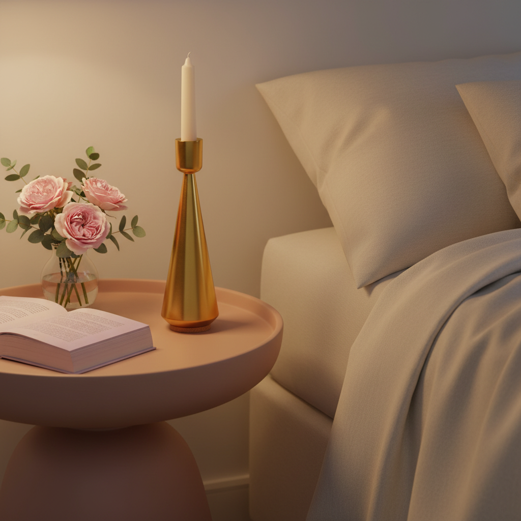 Gold-tone tapered candle holder on a blush bedside table with lavender book and flowers