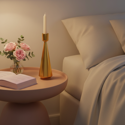 Gold-tone tapered candle holder on a blush bedside table with lavender book and flowers
