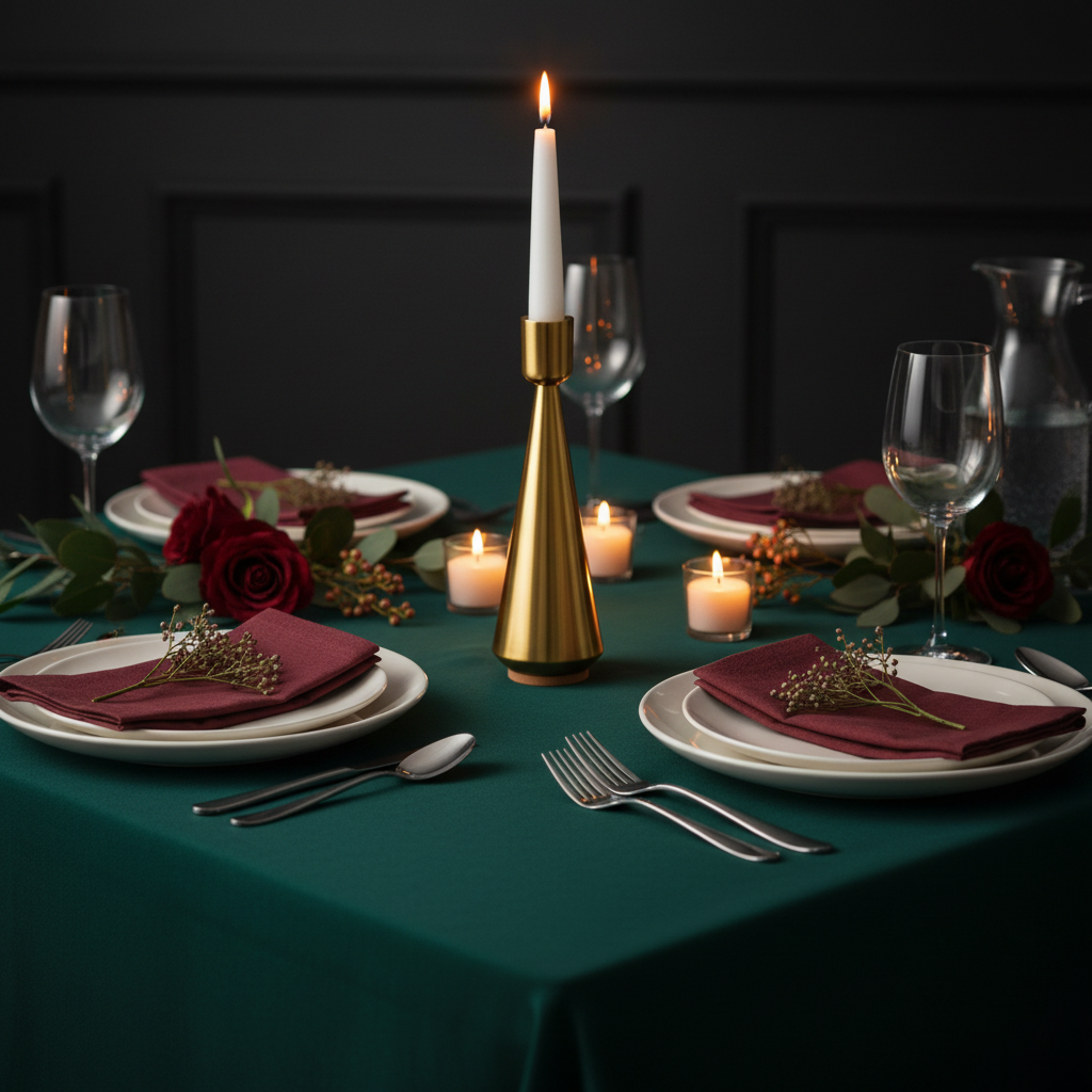 Gold-tone tapered candle holder styled on an emerald dinner table with cream place settings