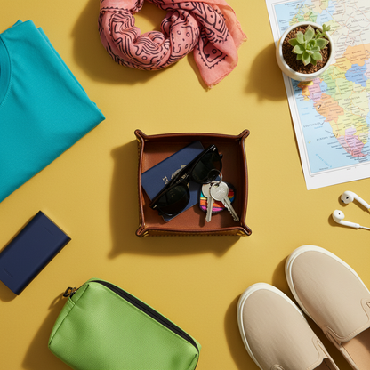 Leather valet tray in a colorful travel packing scene