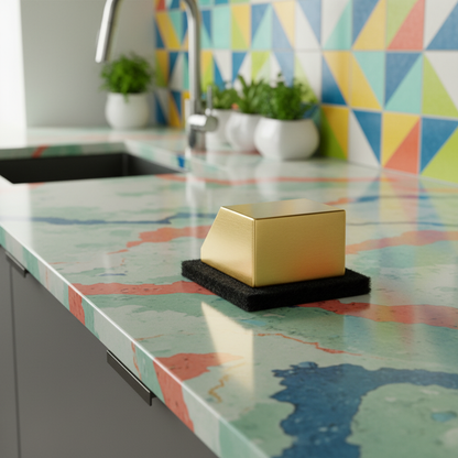 🧼 Golden Geometric Sponge Holder, a Sculptural Sink-Side Accent for Keeping Cleaning Essentials Neat