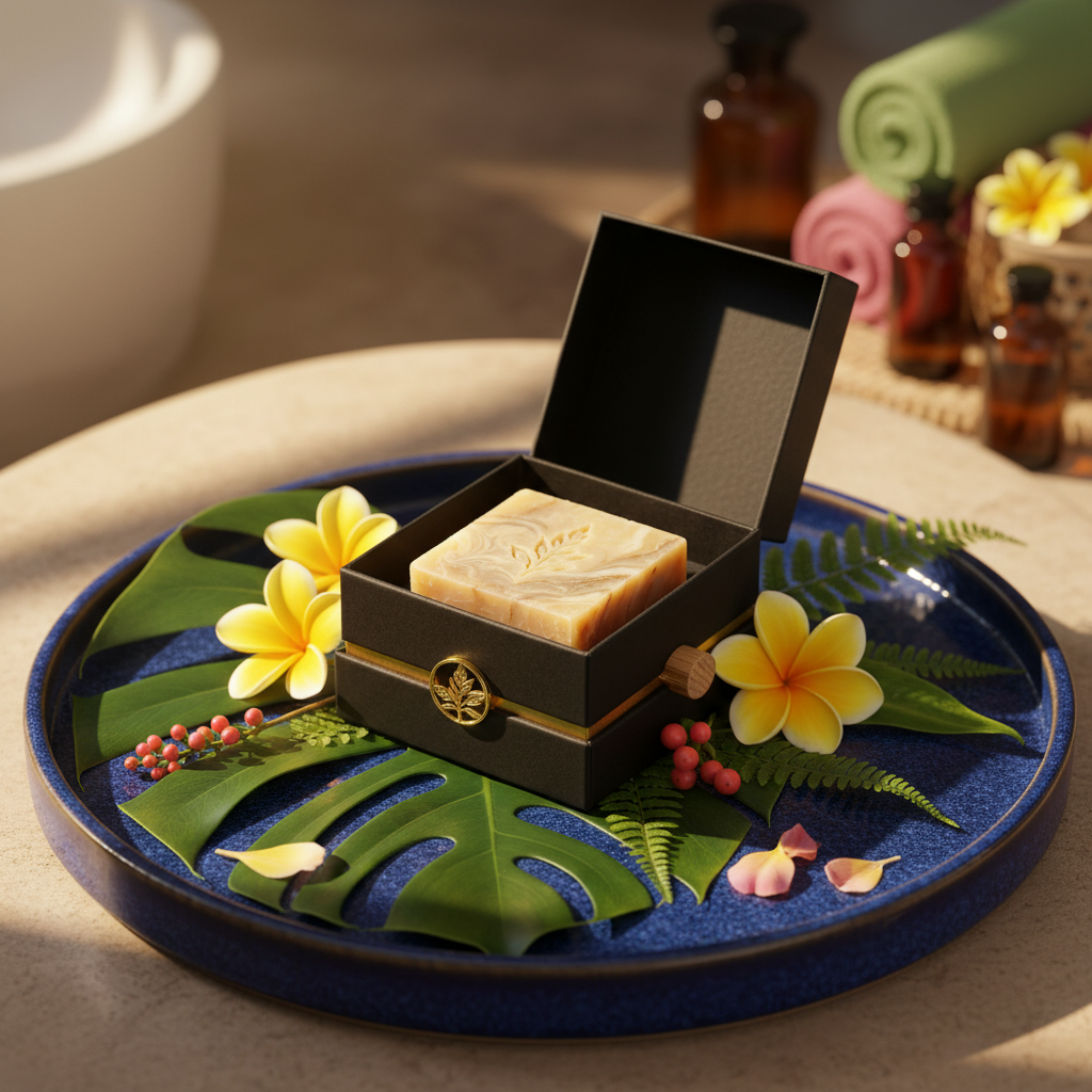 Botanical marbled soap gift set styled on a cobalt blue tray with tropical leaves