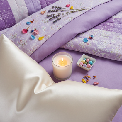 Cream satin pillowcase self care scene
