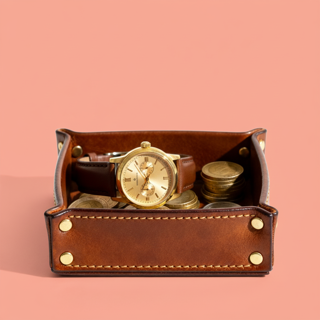 Close-up leather valet tray with stitching and brass rivets