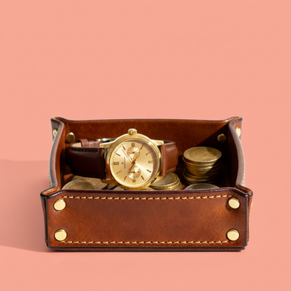 Close-up leather valet tray with stitching and brass rivets