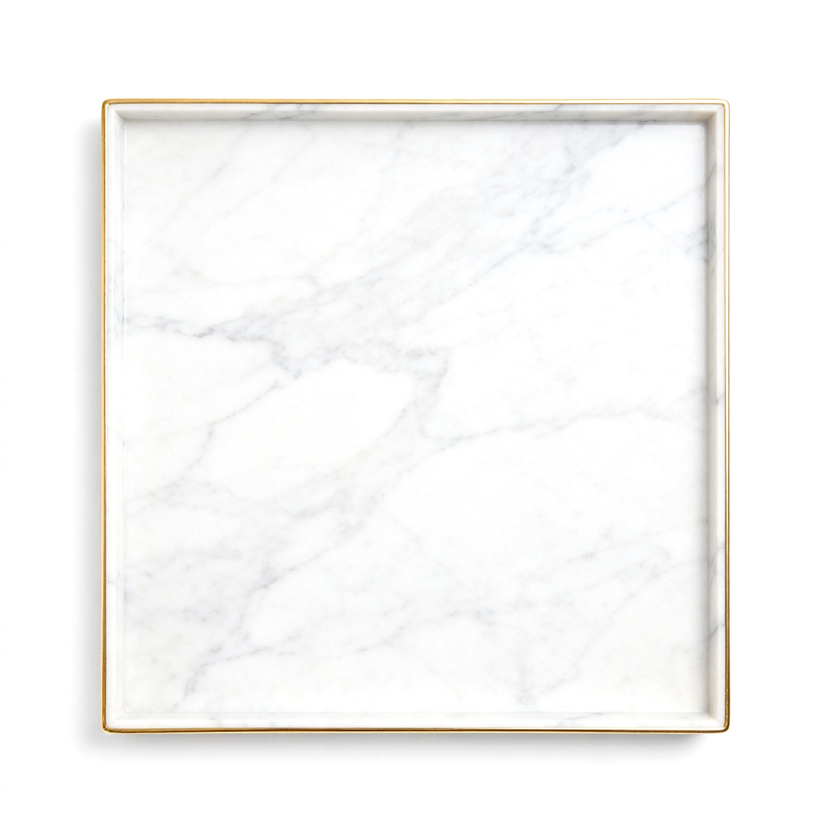 Square white marble-effect tray with delicate gray veining and thin gold-tone rim on a white background