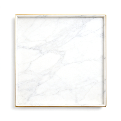 Square white marble-effect tray with delicate gray veining and thin gold-tone rim on a white background