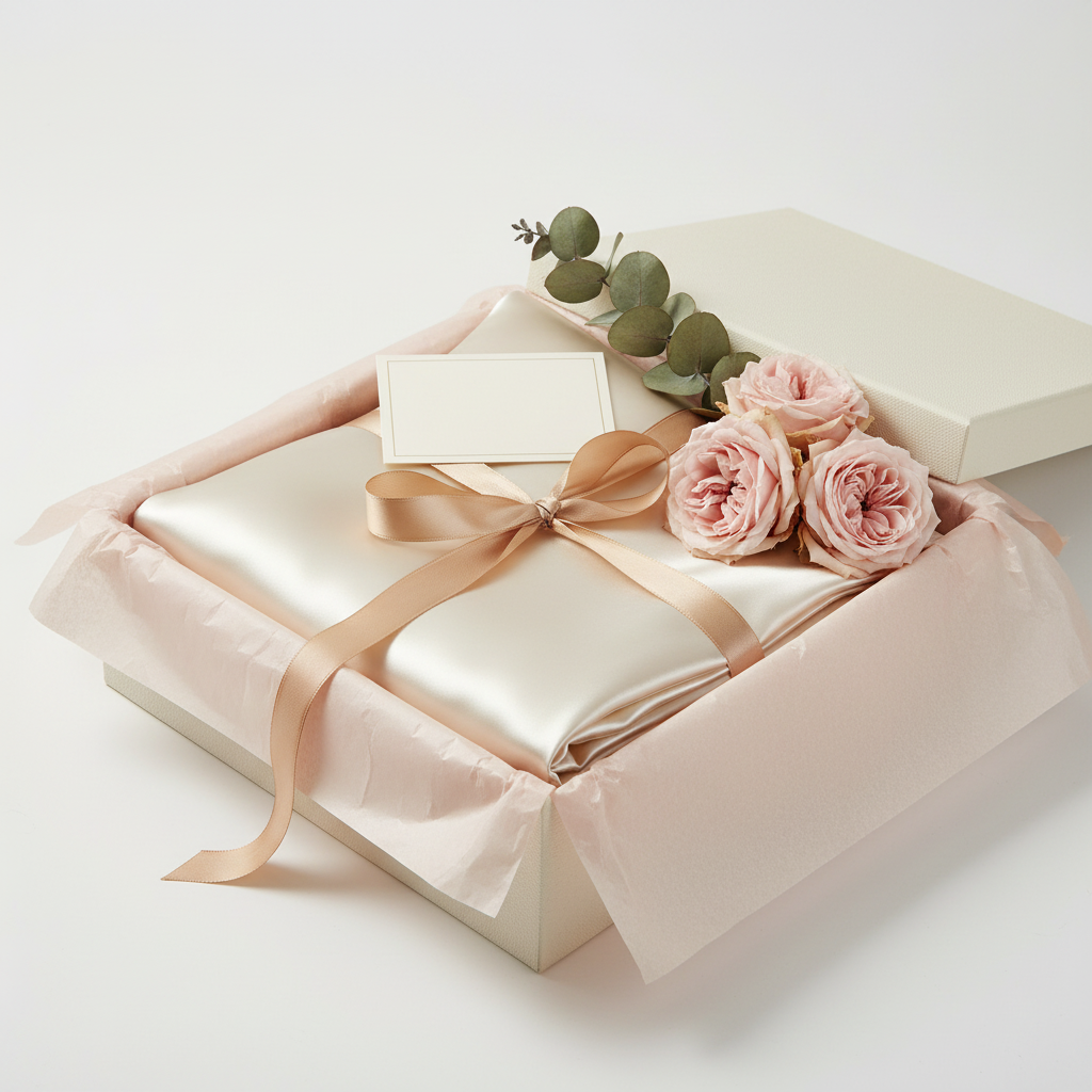 Ivory satin pillowcase folded in an elegant gift box with blush tissue and gold ribbon