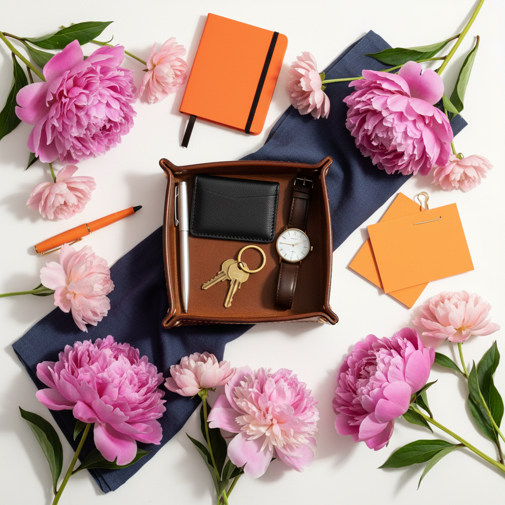 Overhead colorful flat lay of caramel leather valet tray