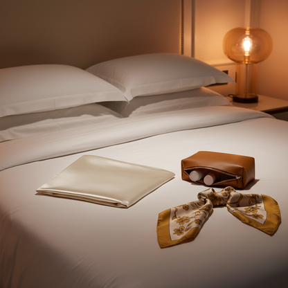 Ivory satin pillowcase on a boutique hotel bed beside a travel pouch and silk scarf