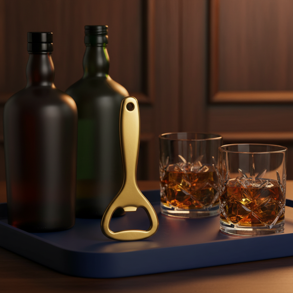 Gold-tone handheld bottle opener styled beside dark bottles, crystal tumblers, and a cobalt tray