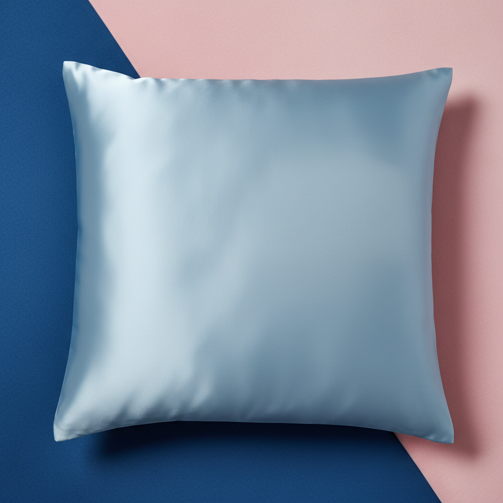 Close-up icy blue satin pillowcase texture