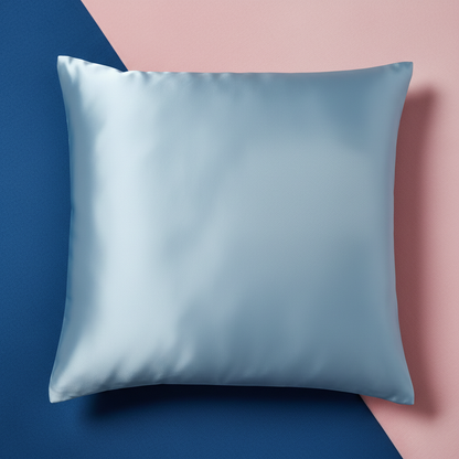 Close-up icy blue satin pillowcase texture