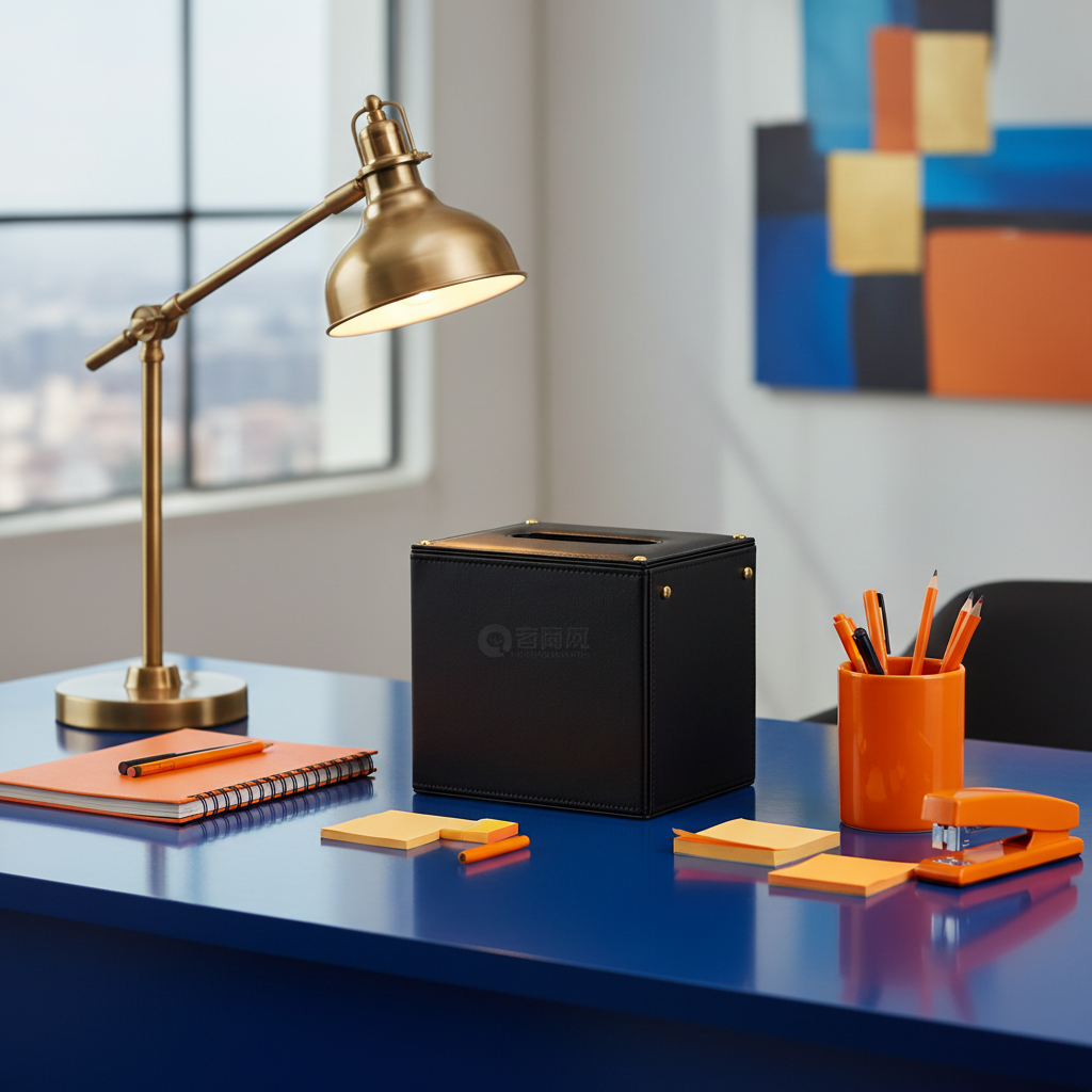 Black leather tissue box cover on colorful desk