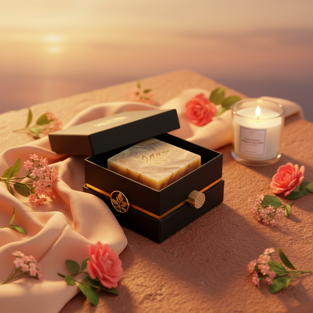 Botanical marbled soap gift set styled with coral flowers in warm sunset light