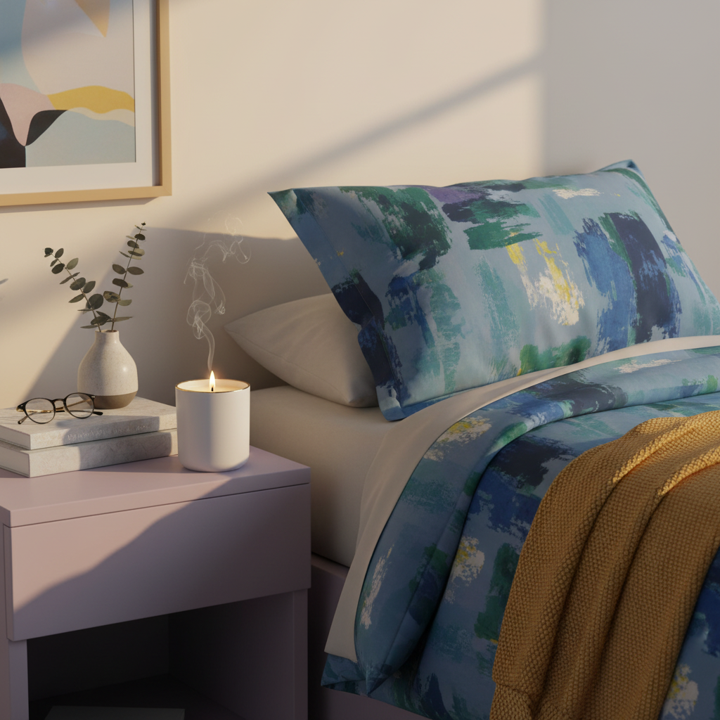 White ceramic candle with gold rim on a colorful bedside table