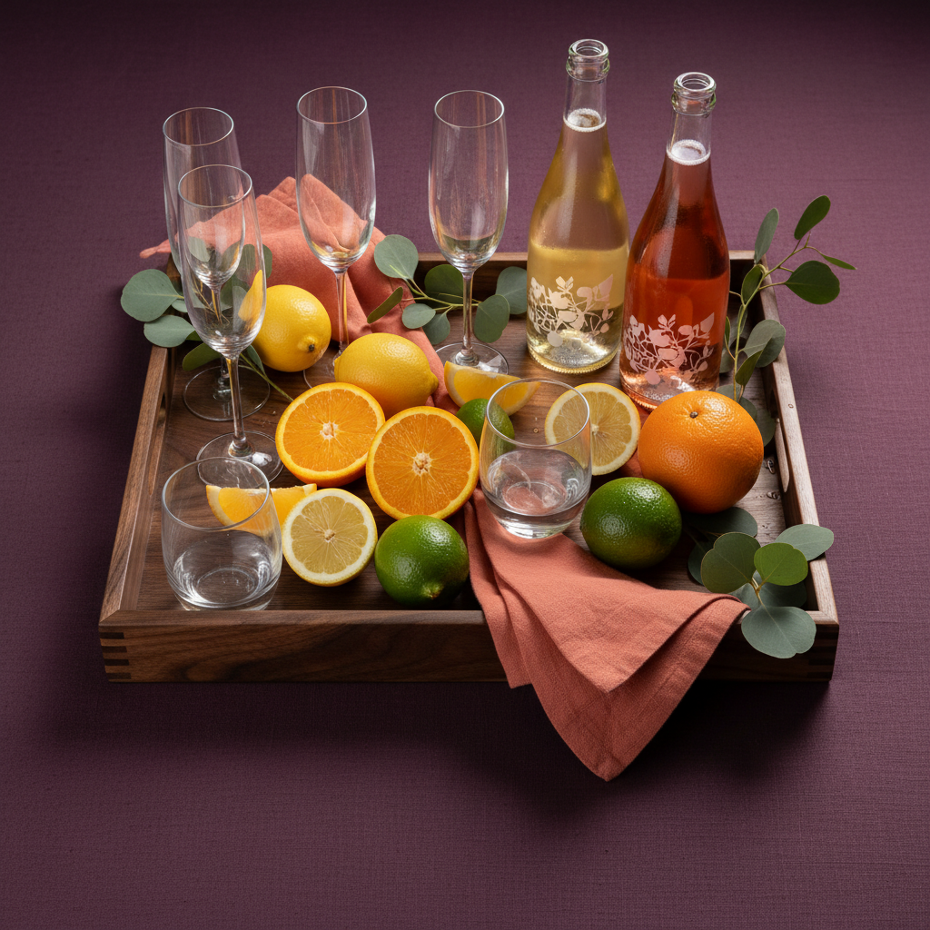 Dark walnut wooden serving tray styled with glasses, bottles, citrus, coral napkins, and green leaves