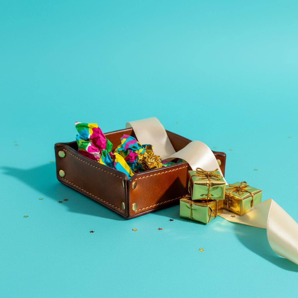 Caramel leather valet tray styled as a colorful gift