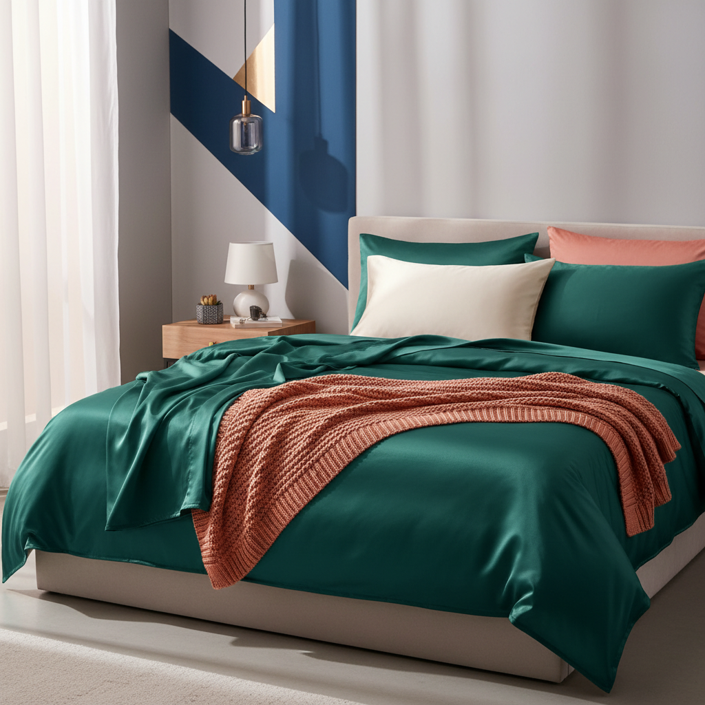 Ivory satin pillowcase styled with emerald bedding, coral throw, and cobalt accents