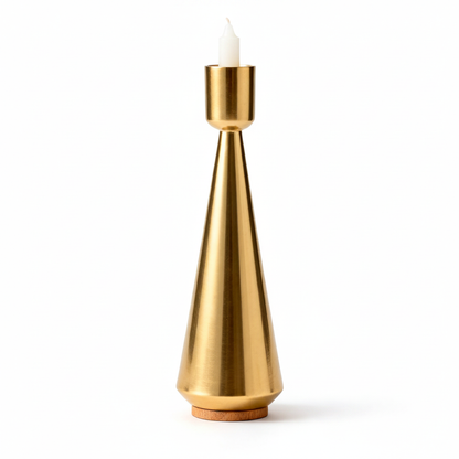 Gold-tone tapered candle holder with conical body, candle cup, and wood-tone base on a white background