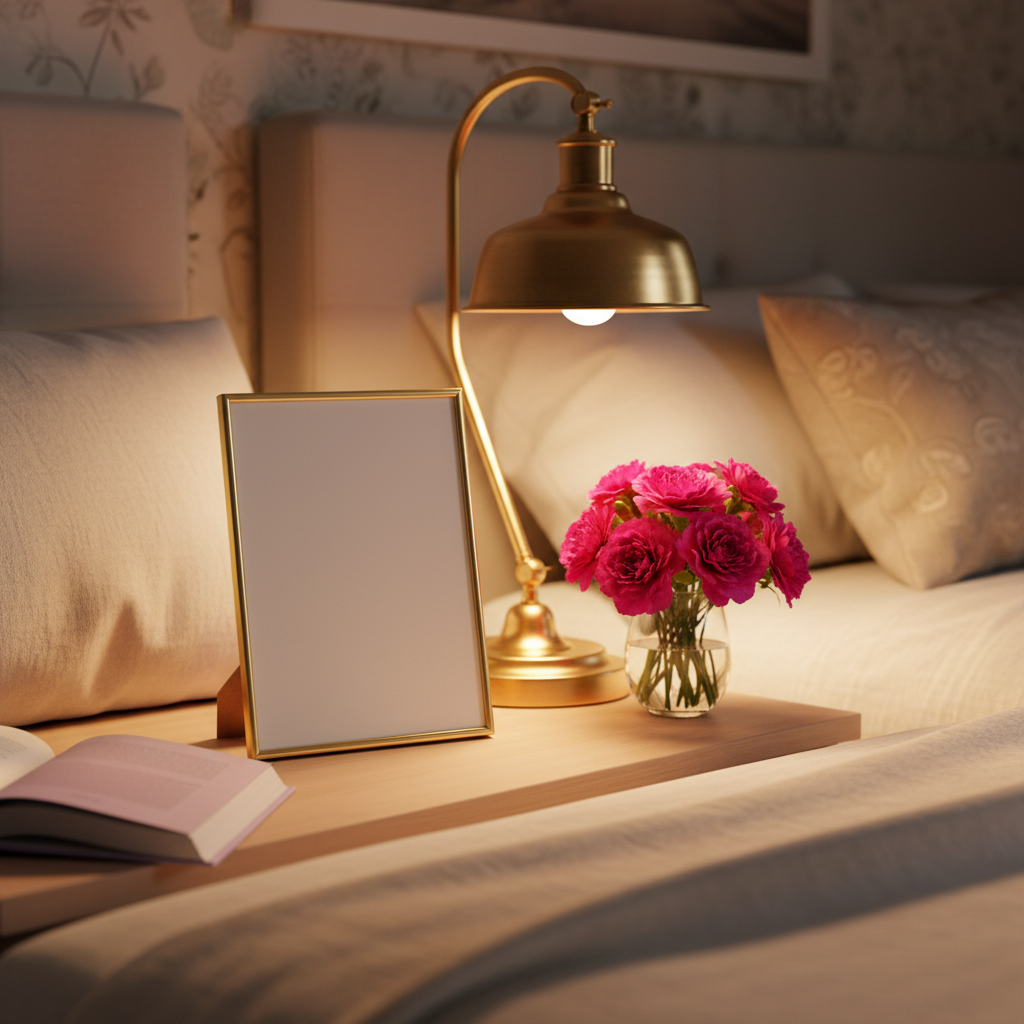 Gold-tone picture frame with blank insert beside a lavender book, brass lamp, and flowers