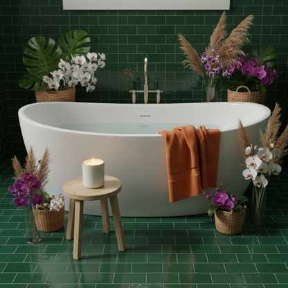 White ceramic candle with gold rim in a colorful spa bathroom
