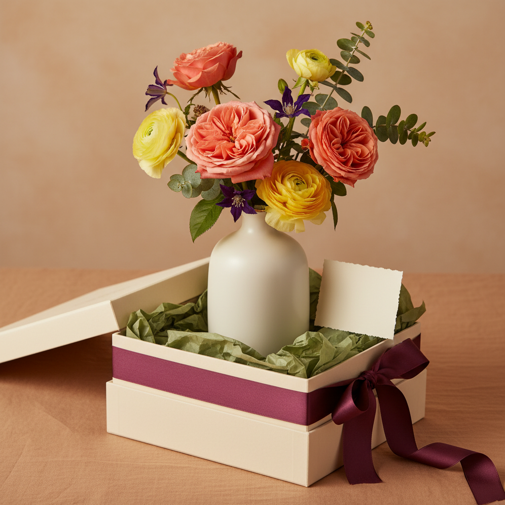 Cream-white gold-rim ceramic vase presented in an elegant gift box with flowers and ribbon