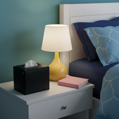 Black leather tissue cover on colorful bedside
