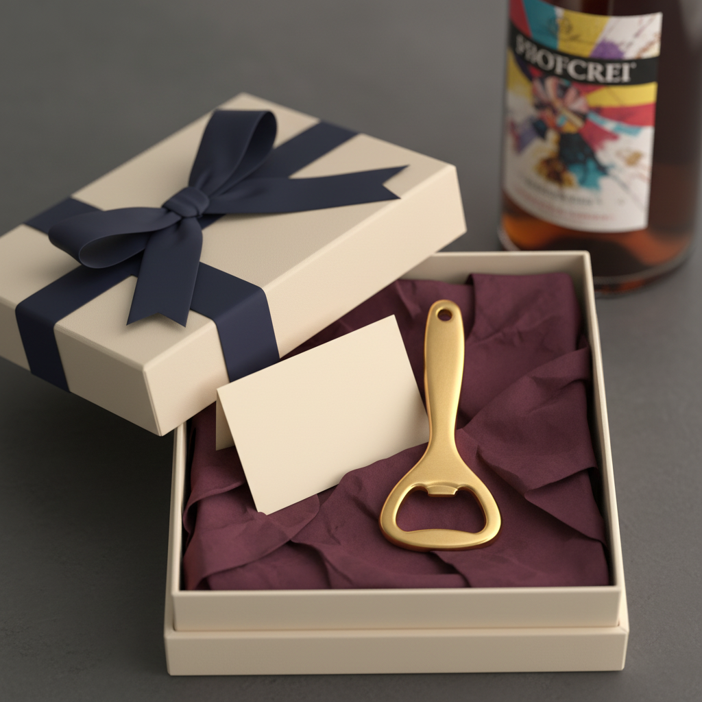 Gold-tone handheld bottle opener presented in an elegant gift box with navy ribbon and a bottle