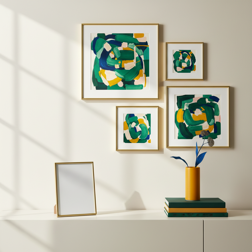 Gold-tone picture frame with blank insert on a console below colorful abstract wall art