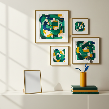 Gold-tone picture frame with blank insert on a console below colorful abstract wall art