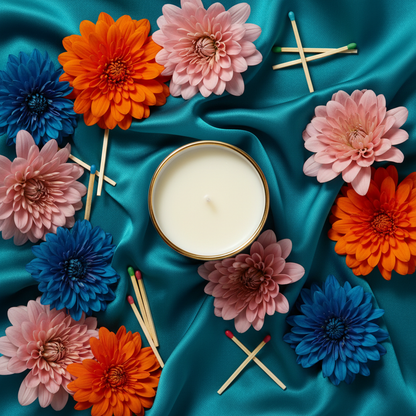 Colorful overhead flat lay of ivory ceramic candle with gold rim