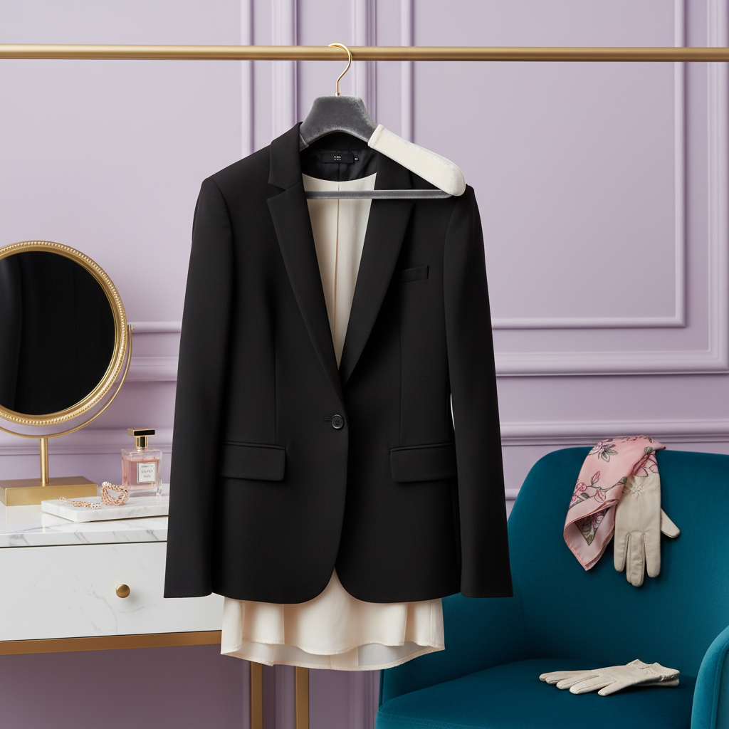 Dual-tone velvet clothes hanger holding a tailored outfit in a colorful dressing area