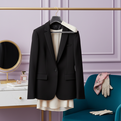 Dual-tone velvet clothes hanger holding a tailored outfit in a colorful dressing area