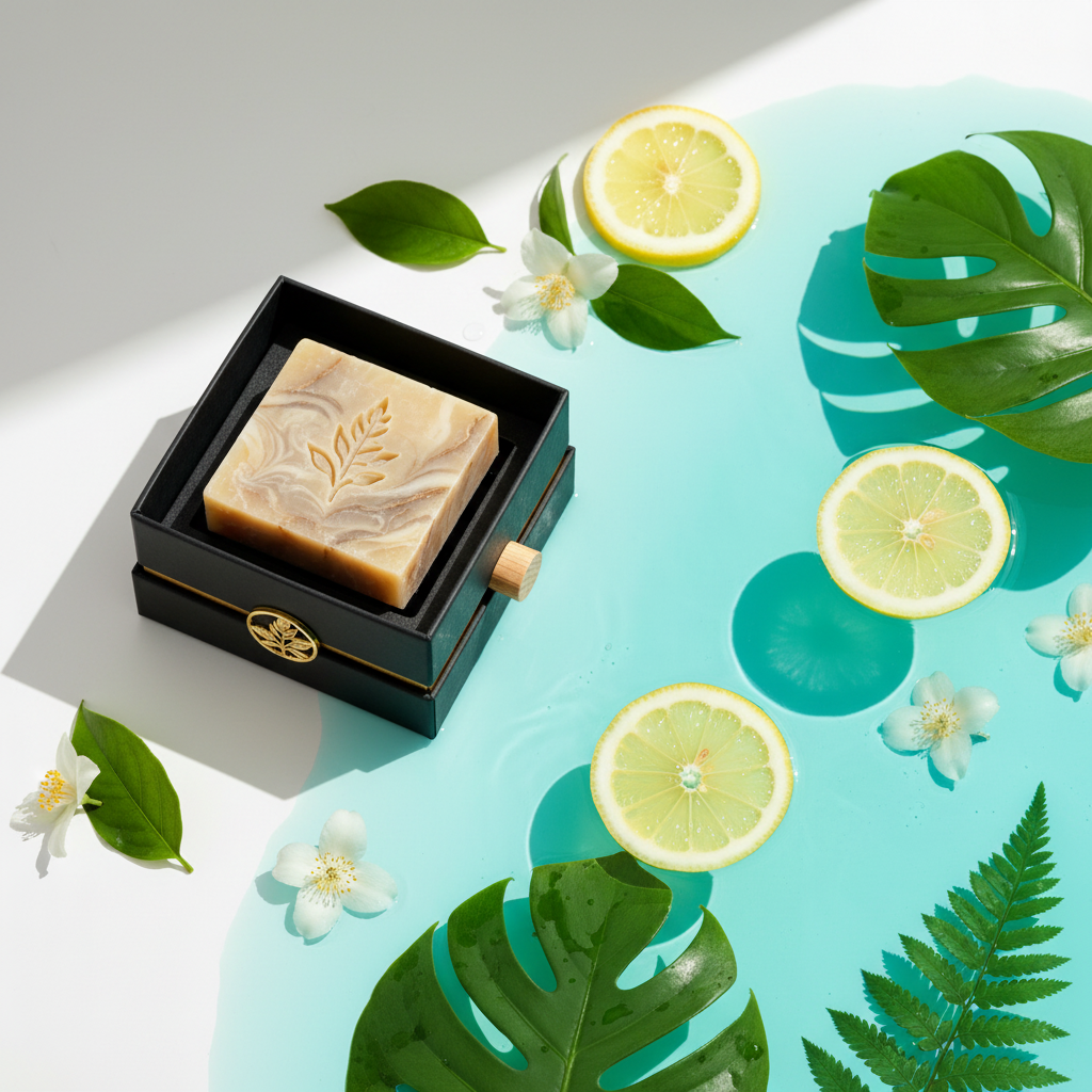 Botanical marbled soap gift set styled beside turquoise water, lemon, and jasmine