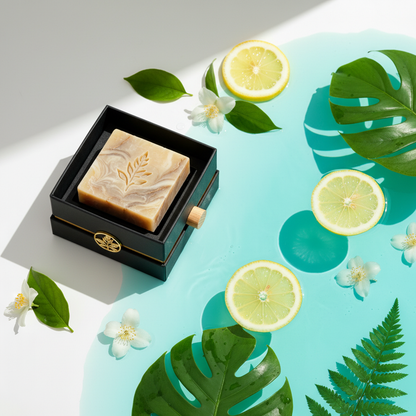 Botanical marbled soap gift set styled beside turquoise water, lemon, and jasmine